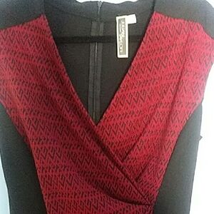 Julian Taylor Red and Black Sheath Dress V-Neck Midi